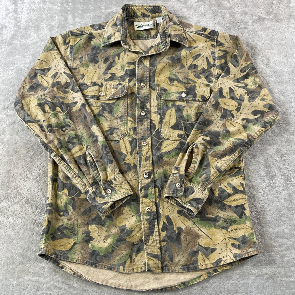 Vintage Gander‎ Mountain Chamois Shirt Mens Large Camo Kelly Outdoor Hunt Woods